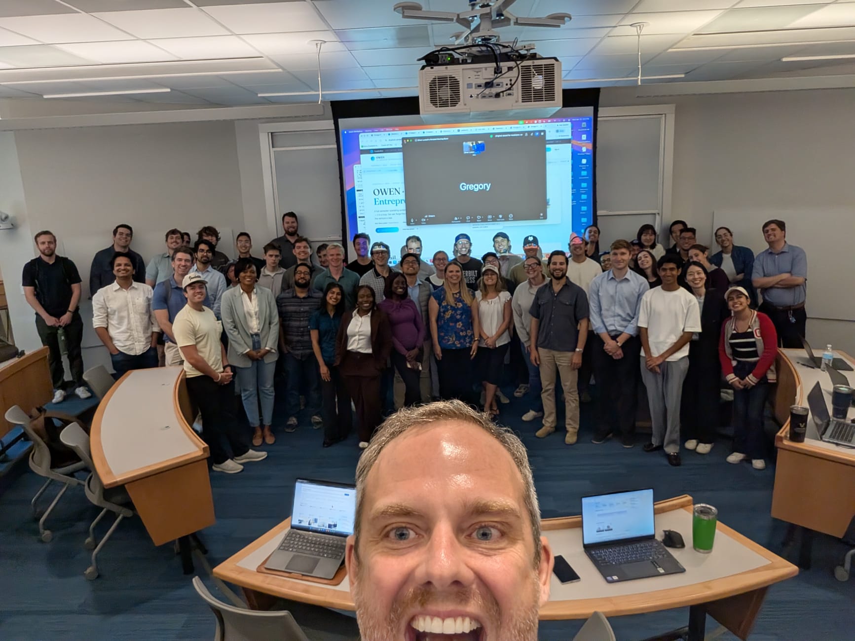 The Spring 2026 cohort of Vanderbilt Owen's AI-Accelerated Entrepreneurship Practicum, gathered in the classroom for a group photo.